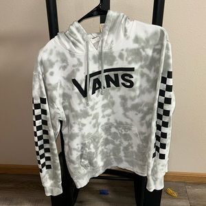 Small vans hoodie with checkered graphic on the sleeves greenish gray tie dye